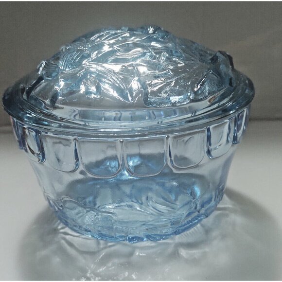 Vintage KIG Blue Glass Lidded Candy Jar Floral Lid Design 4" Tall x 4 1/2" dia. - Picture 8 of 8